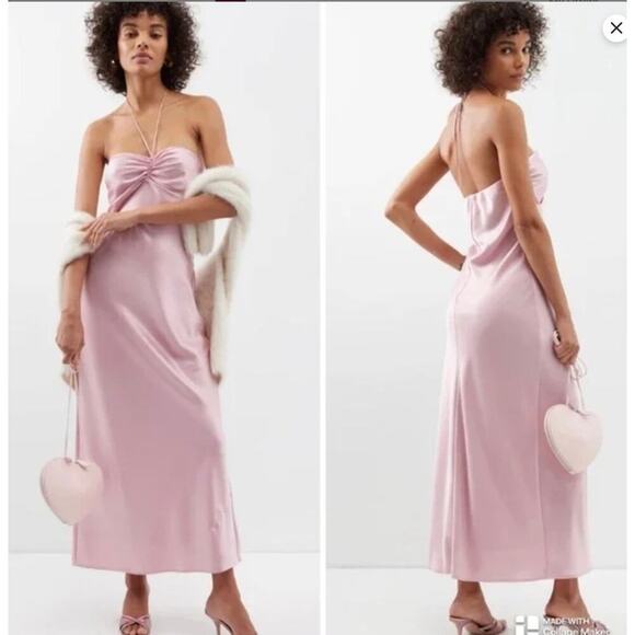 Reformation Valora Satin Halter Maxi Dress in Color Babygirl Pink Size 10 - Picture 1 of 9